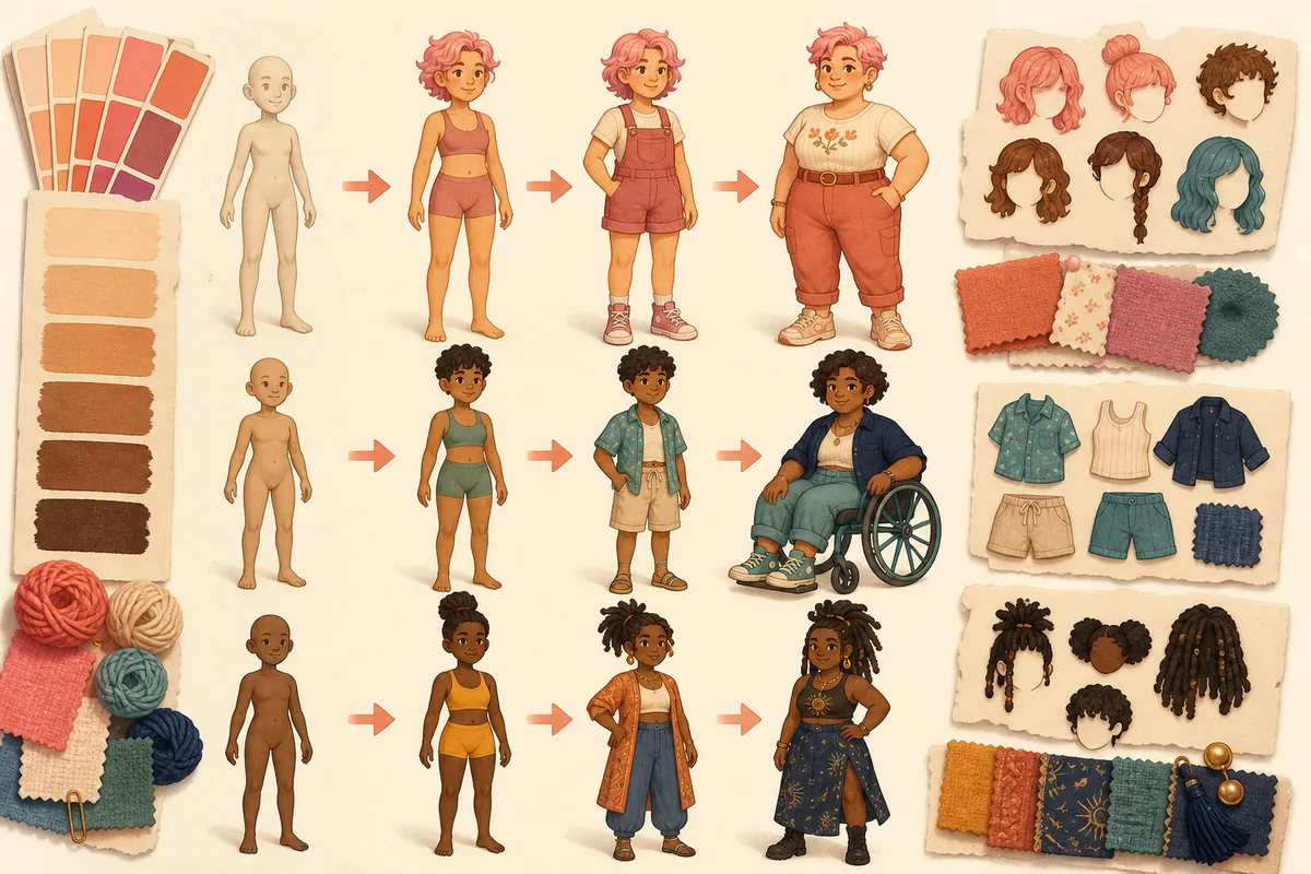 Editorial illustration showing a character customization journey for a Paralives Paramaker guide; not an official screenshot