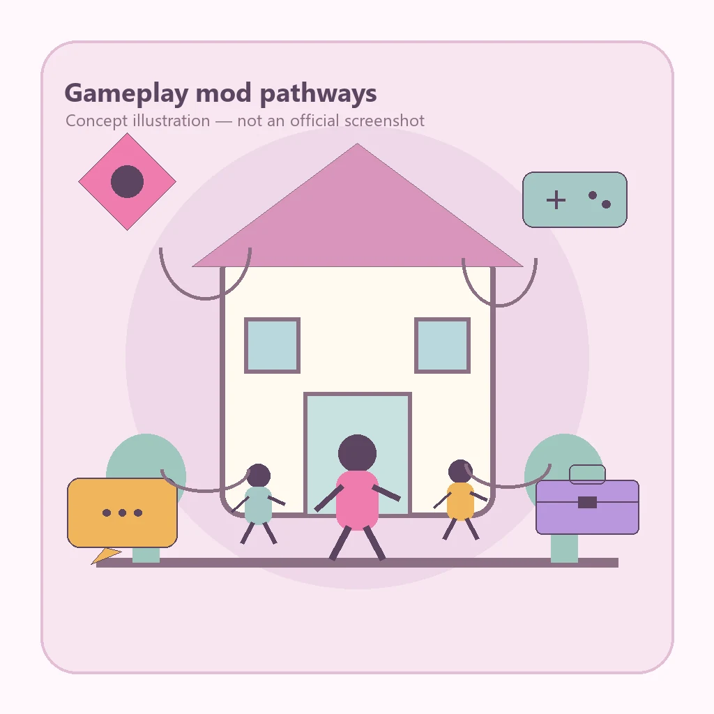 Schéma éditorial montrant comment les mods de gameplay Paralives changent les traits, les déplacements et les systèmes de jeu