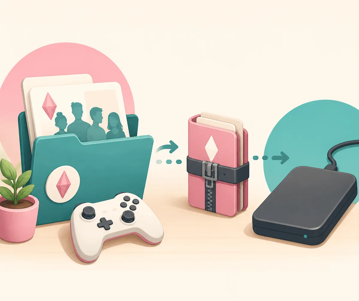 Conceptual editorial illustration of a Paralives save folder being copied to a dated backup