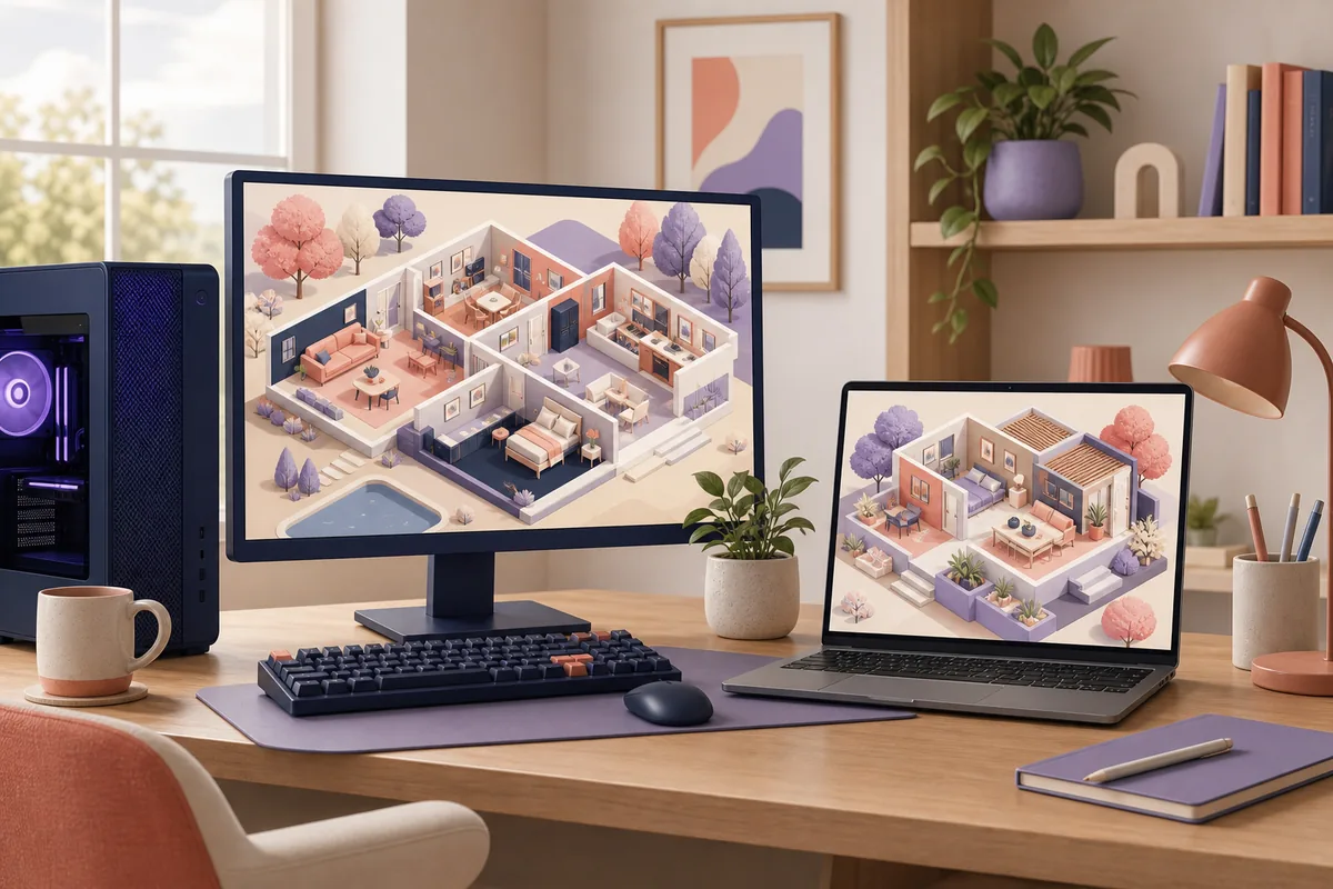 Editorial illustration of a desktop PC and laptop for a Paralives system requirements guide; not an official screenshot