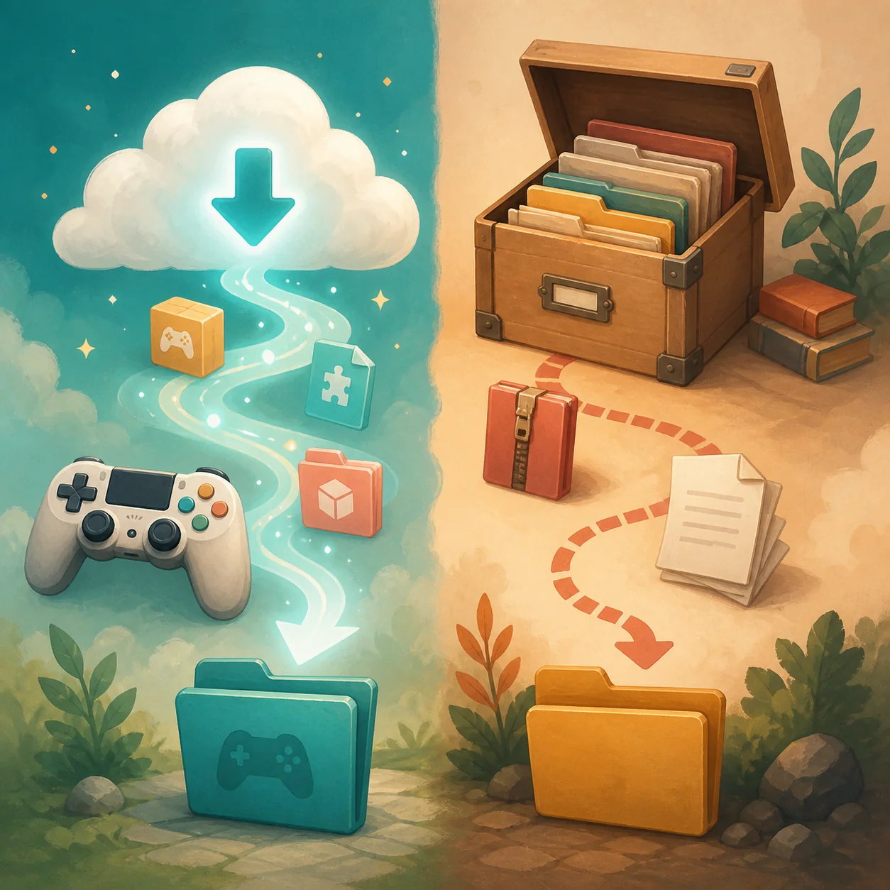 Conceptual illustration separating Steam Workshop delivery from a manual creator archive